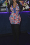 Blue Casual Print Patchwork Belted Deep V Neck Mesh Long Sleeve Skinny Rompers One Piece Bodysuit