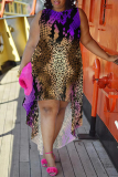Orange Yellow Plaid Leopard Snowflakes Letters Print Sleeveless O Neck High-Low Hem Straight Loose Midi Dress