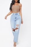 Light Blue Casual High Waist Slim Fit Ripped Denim Jeans