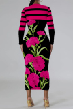 Green Floral Print O Neck Long Sleeve Casual Outings  Fall Bodycon Pencil Midi Dress