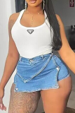 Blue Casual Outing Buttons Mid Waist Denim Skirts