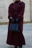 Claret Wide Lapel Collar Long Sleeve Belted Waist Long Wool Trench Coat Winter Double Breasted Outerwear