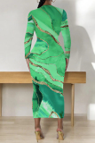 Orange Flowers Snakeskin Gradient Print O Neck Long Sleeve Casual Street Fall Outings Bodycon Pencil Midi Dress