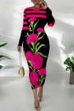 Green Floral Print O Neck Long Sleeve Casual Outings  Fall Bodycon Pencil Midi Dress