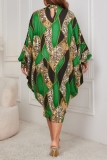 Green Graphics Print Half A Turtleneck with Cut-Out Batwing Sleeve Plus Size Casual Vacation Straight Loose Midi Dresses