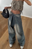 Blue Casual Patchwork High Waist Distressed Loose Wide Leg Denim Jeans