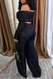 White Pleated Texture Off-Shoulder Long Sleeve Crop Tops and Wide-Leg Pants Formal Evening Two Pieces Trouser Sets