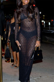 Black Half A Turtleneck Sheer Long Sleeve Evening Party Gown Clubwear Lace Maxi Dress