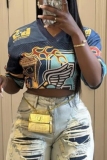 Blue Casual Sportwear Graphics Print V Neck Half Sleeve Crop T-Shirts