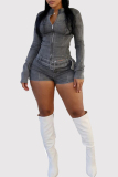 Dark Gray Casual Outing Zipper Collar Long Sleeve Crop Jackets And Shorts Two Pieces Shorts Sets