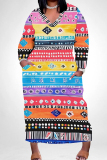 Colorful Boho Graphics Print V Neck Long Sleeve Plus Size Casual Outing Straight Loose Maxi Dress with Pocket