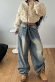 Blue Casual Patchwork High Waist Distressed Loose Wide Leg Denim Jeans