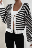 Black Casual Outing Plaid Print Weave V Neck Long Sleeve Button-Down Knitted Sweater Coats for Ladies