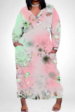 Blue Apricot Floral Print V Neck Long Sleeve Plus Size Casual Outing Straight Loose Maxi Dress with Pocket