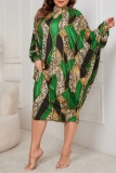Green Graphics Print Half A Turtleneck with Cut-Out Batwing Sleeve Plus Size Casual Vacation Straight Loose Midi Dresses