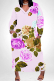 Blue Apricot Floral Print V Neck Long Sleeve Plus Size Casual Outing Straight Loose Maxi Dress with Pocket