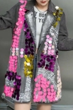 Blue Turndown Collar Long Sleeve Colorful Sequin Embellishments Denim Blazer Jacket
