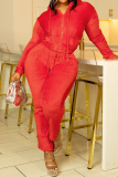 Red Casual Sportwear Draw String Pocket Zipper Collar Long Sleeve Jackets And SweatpantsTwo Pieces Jogger Sets