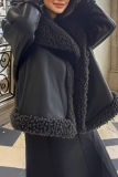 Black Casual Turndown Collar Long Sleeve Faux Shearling Trim Cozy Winter Wear PU Leather Jacket
