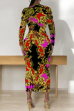 Green Floral Print O Neck Long Sleeve Casual Outings  Fall Bodycon Pencil Midi Dress