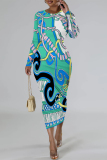 Green Floral Print O Neck Long Sleeve Casual Outings  Fall Bodycon Pencil Midi Dress
