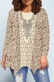 Dark Khaki Casual Outing Floral Print O Neck Long Sleeve Irregular Hem Blouse
