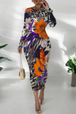 Orange Flowers Snakeskin Gradient Print O Neck Long Sleeve Casual Street Fall Outings Bodycon Pencil Midi Dress