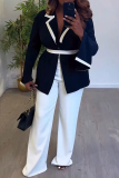 Black and White Trim Turndown Collar Long Sleeve Blazer Jackets and Wide Leg Pants Formal Office Wear Two Pieces Suit Sets