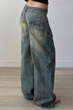 Blue Casual Pocket Patchwork Low Waist Straight Distressed Wide Leg Denim Jeans