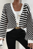Black Casual Outing Plaid Print Weave V Neck Long Sleeve Button-Down Knitted Sweater Coats for Ladies