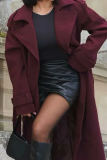 Claret Wide Lapel Collar Long Sleeve Belted Waist Long Wool Trench Coat Winter Double Breasted Outerwear