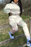 Light Cyan Floral Print Long Sleeve Hooded Sweatshirt and Skinny Pant Casual Sportwear Plus Size Two Pieces Jogger Sets
