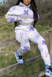 Light Cyan Floral Print Long Sleeve Hooded Sweatshirt and Skinny Pant Casual Sportwear Plus Size Two Pieces Jogger Sets