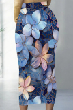 Multicolor Grey Flowers Heart Shaped Faux Denim Print Contrast High Waist Wrap Casual Outing Maxi Skirt