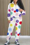 Light Blue Graphics Print Long Sleeve Zip-Collar Sweatshirt and Pant Sportwear Casual Plus Size Two Pieces Jogger Sets