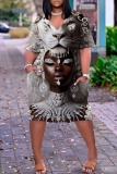 Gray Brown African Girls Print V Neck Short Sleeve Plus Size Loose Pockets Casual Outing Midi T-Shirt Dress