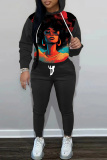 Orange African Girl Print Long Sleeve Hooded Sweatshirt and Skinny Pants Casual Sportwear Matching Sweatsuit set