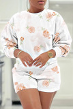 White Grey Floral Print O Neck Long Sleeve Sweatshirt And Shorts Casual Sportwear Two Pieces Shorts Sets