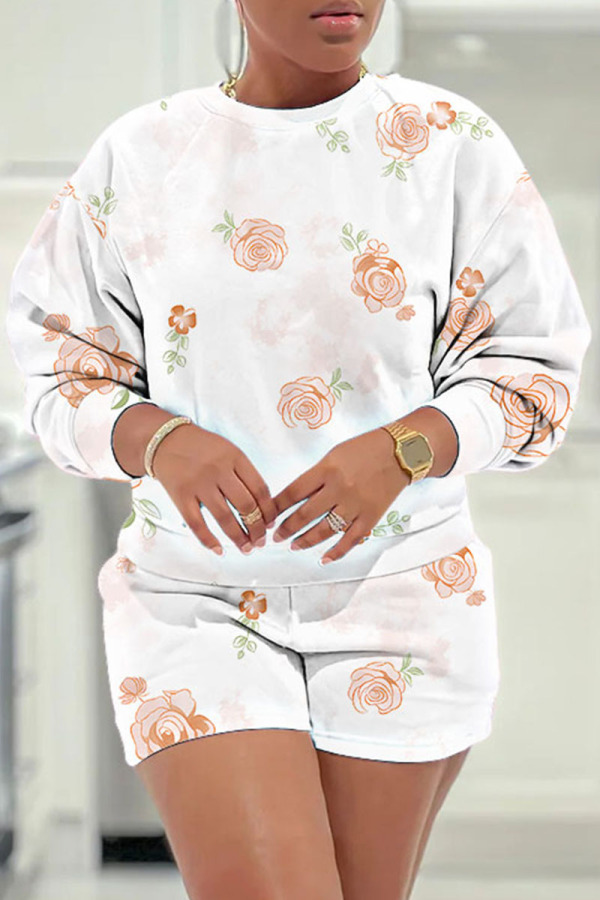 White Grey Floral Print O Neck Long Sleeve Sweatshirt And Shorts Casual Sportwear Two Pieces Shorts Sets