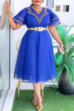 Black African Beads Trim V Neck Ruffle Sleeve With Belt Mesh Sheer Long Plus Size Pleated Midi Dresses