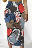 Multicolor Grey Flowers Heart Shaped Faux Denim Print Contrast High Waist Wrap Casual Outing Maxi Skirt
