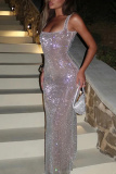 Sliver Square Neck Sleeveless Backless Sequin Bodycon Evening Gown Sparkling Maxi Dresses