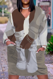 Khaki Graphics Print V Neck Long Sleeve Plus Size Loose Pockets Casual Outing Midi T-Shirt Dress