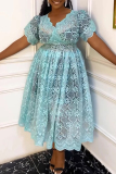 Light Green V Neck Short Sleeve Floral Lace Midi Dress and Black Cami Dress Plus Size Two Pieces Dress