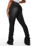 Grey Casual High Waist Distressed Ripped Stacked Pants Denim Jeans