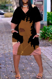 Gray Brown African Girls Print V Neck Short Sleeve Plus Size Loose Pockets Casual Outing Midi T-Shirt Dress