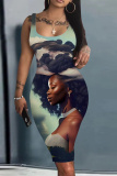 Earthy Yellow Figure Print Sleeveless U Neck Knee Length Casual Outing Bodycon Vest Midi Dress