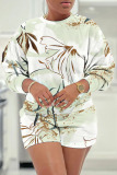 White Grey Floral Print O Neck Long Sleeve Sweatshirt And Shorts Casual Sportwear Two Pieces Shorts Sets