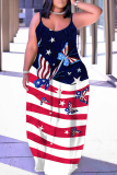 Dark Blue Graphics Print Sleeveless Backless Spaghetti Strap Floor Length Vacation Baggy Sundress Maxi Slip Dress