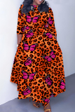 Orange Leopard Butterfly Print O Neck 3/4 Sleeve Belted Waist Casual Outing Plus Size Straight Loose Maxi Dresses